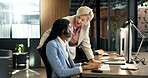 Computer, headset and training with people in call center together for advice, consulting or help. Business, coaching and manager speaking to employee in office for customer service or support