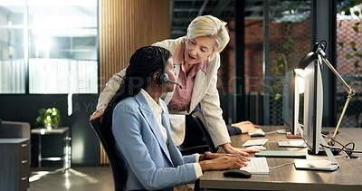 Buy stock photo Computer, headset and training with people in call center together for advice, consulting or help. Business, coaching and manager speaking to employee in office for customer service or support