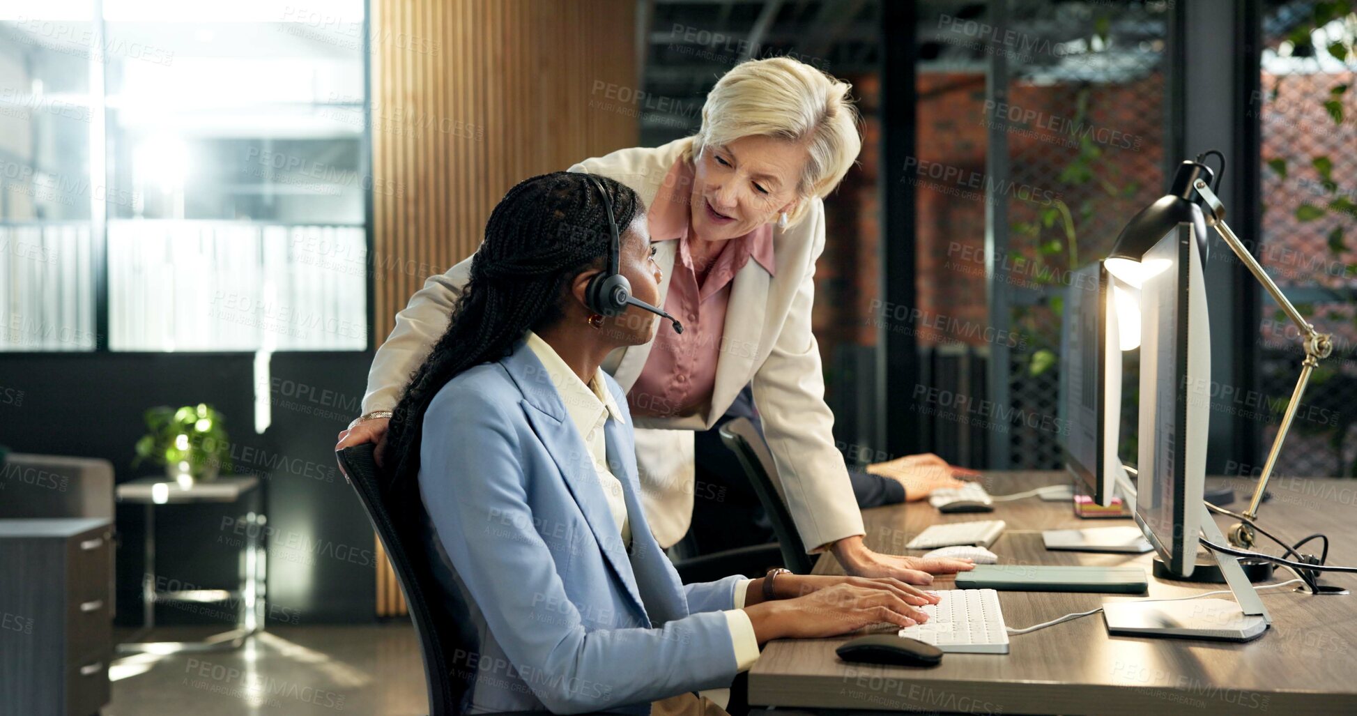 Buy stock photo Computer, headset and training with people in call center together for advice, consulting or help. Business, coaching and manager speaking to employee in office for customer service or support