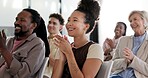 Audience, woman and clapping at seminar for success, company milestone and target achievement. Applause, people and happy crowd at conference for congratulations, business growth and celebration