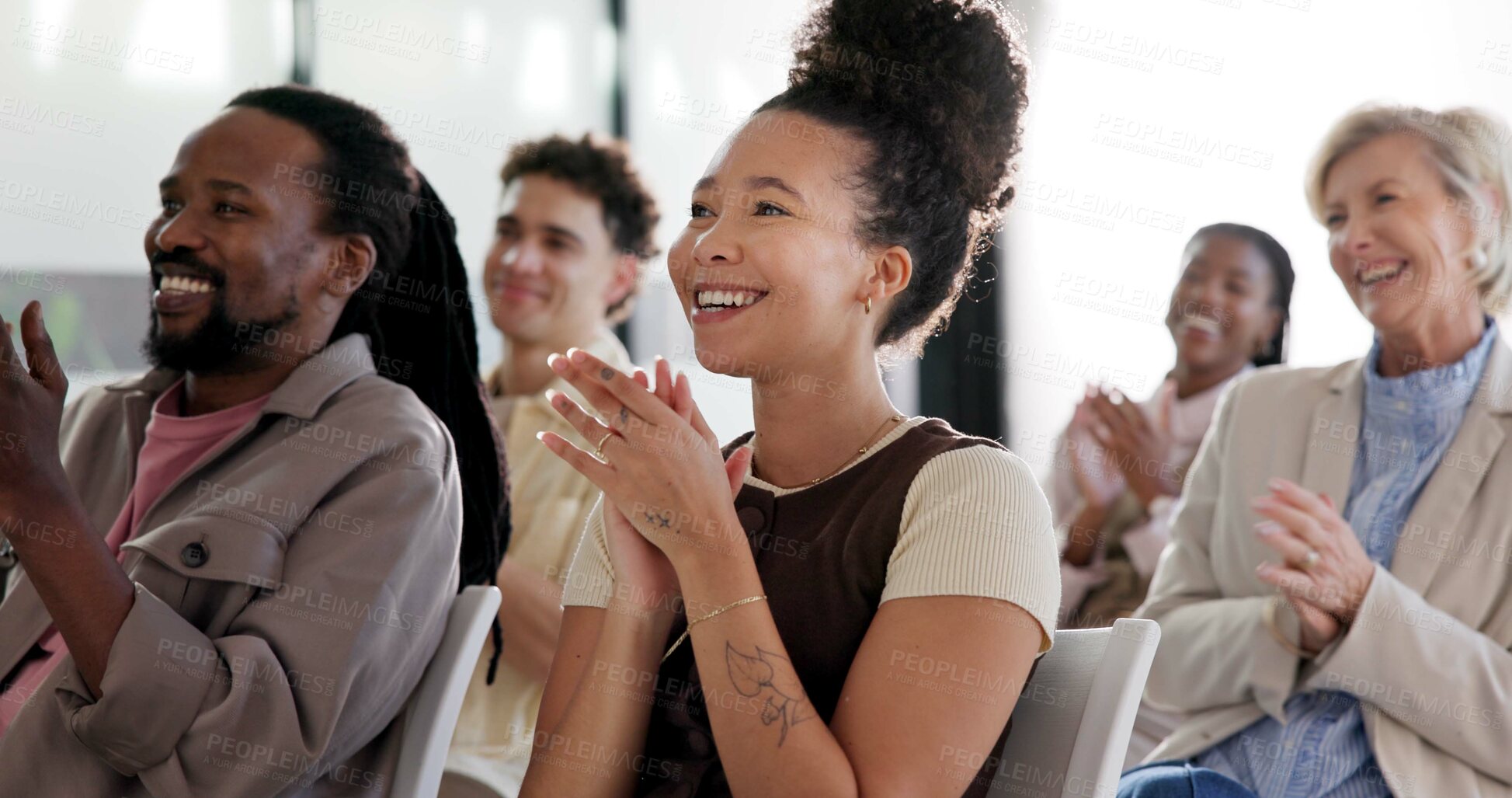 Buy stock photo Audience, woman and clapping at seminar for success, company milestone and target achievement. Applause, people and happy crowd at conference for congratulations, business growth and celebration