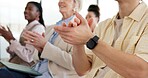 Audience, man or clapping hands in conference for training, upskill workshop and target achievement. Applause, person or happy crowd at company convention, development success or business celebration