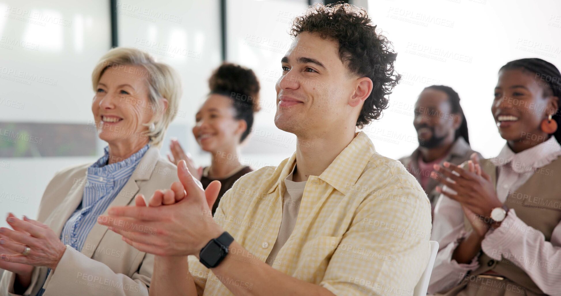 Buy stock photo Audience, man and clapping in convention for success, company milestone or target achievement. Applause, person or happy crowd at conference for congratulations, business growth and celebration