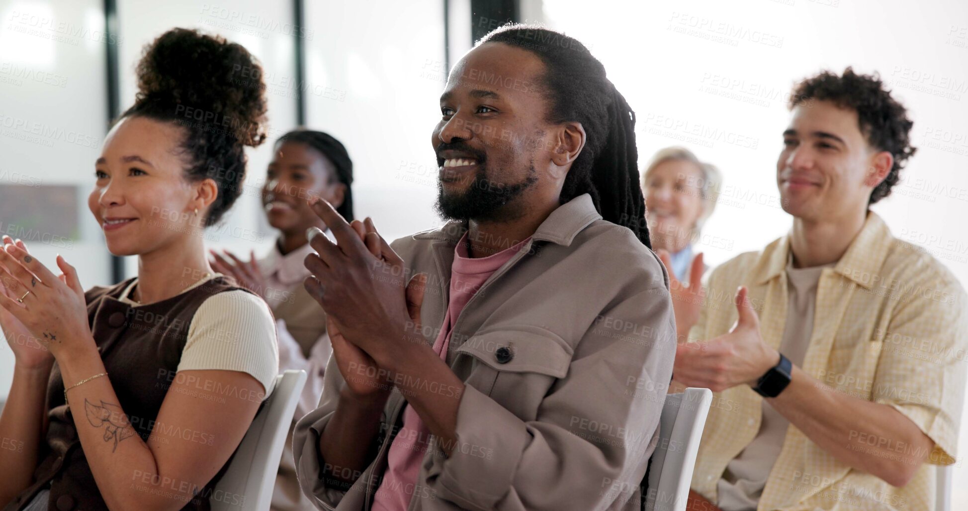 Buy stock photo Applause, audience and man in conference for training, upskill workshop and target achievement. Clap, person or attendee at company convention for development success, business celebration and smile