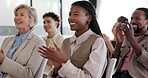 Audience, woman and clapping at convention for success, company milestone and target achievement. Applause, people and happy crowd at conference for congratulations, business growth and celebration