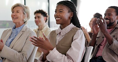 Buy stock photo Audience, woman and clapping at convention for success, company milestone and target achievement. Applause, people and happy crowd at conference for congratulations, business growth and celebration