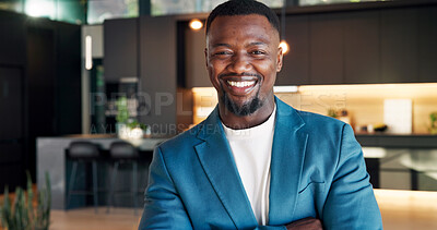 Buy stock photo Real estate, portrait and realtor with arms crossed, home consultant and pride as listing agent. Happy, broker and black man with confidence, housing investor and about us in property marketing.