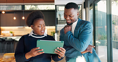 Buy stock photo Event management, tablet and teamwork with team in venue together for seating plan discussion. App, coordination and experience design with people talking in hosting area for final layout decision
