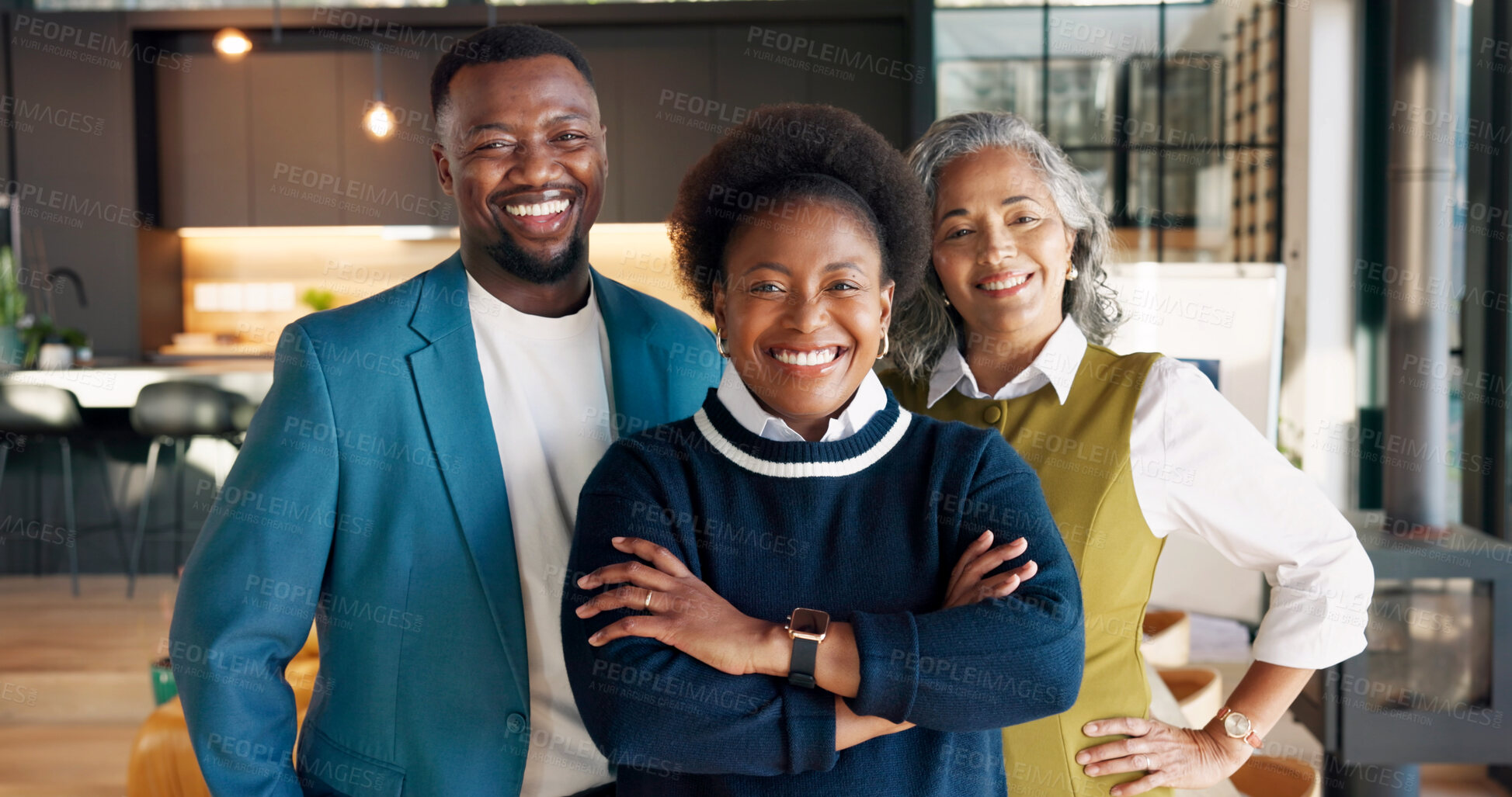 Buy stock photo Interior designer, smile or team in home with portrait, confidence or about us as architect group. Happy, people and spatial planner with arms crossed, collaboration and pride in property improvement