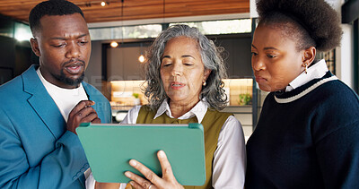 Buy stock photo Event management, tablet and teamwork with group of people in venue for seating plan discussion. App, coordination and experience design with colleagues talking in hosting area for final decision