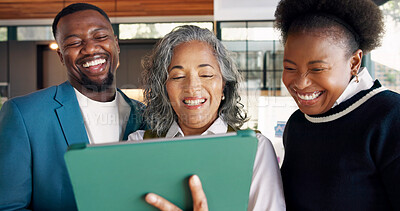 Buy stock photo Event management, laughing and tablet with people in venue together for seating plan discussion. App, coordination and experience design with happy partners talking in hosting area for final decision