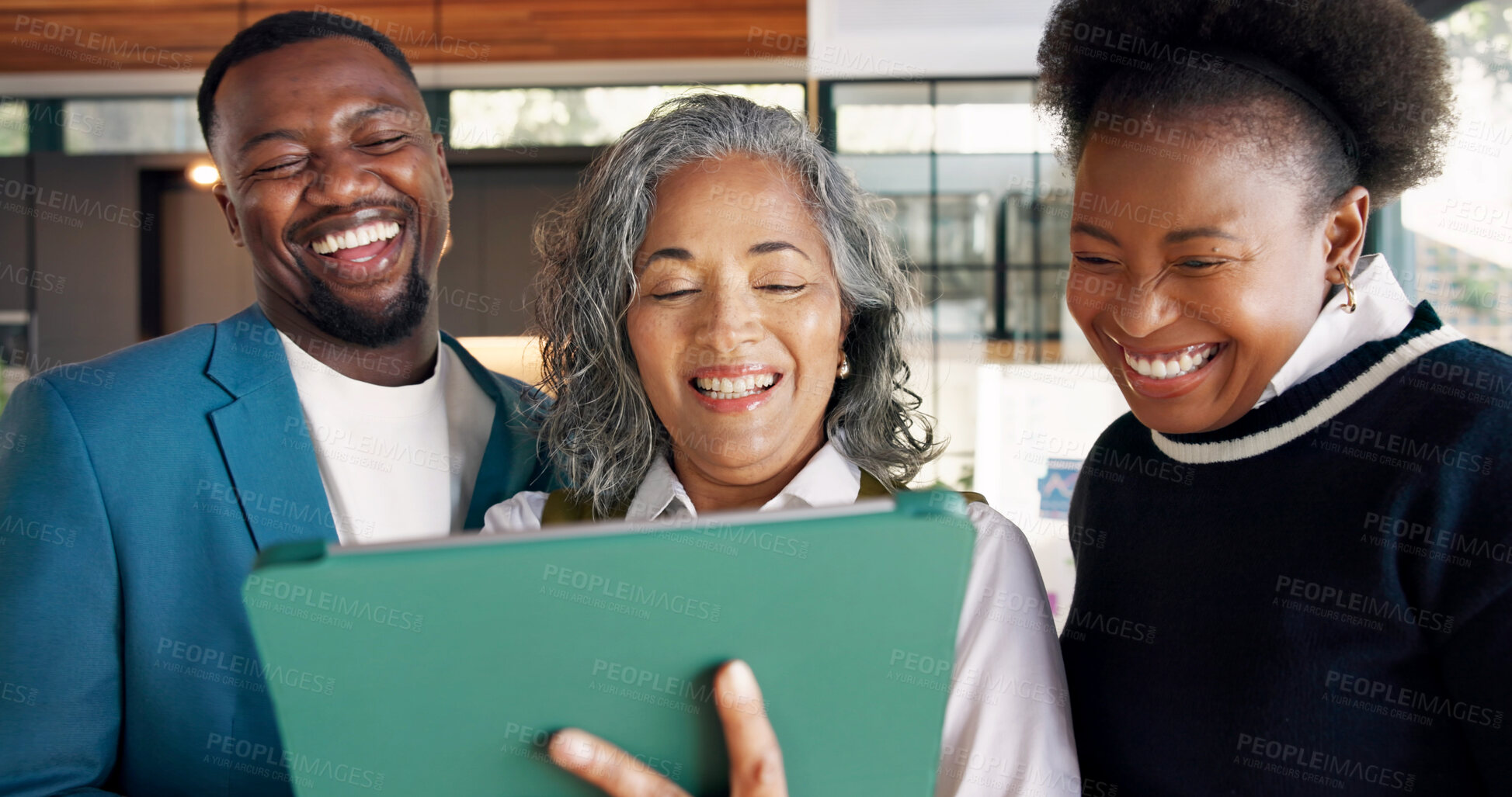 Buy stock photo Event management, laughing and tablet with people in venue together for seating plan discussion. App, coordination and experience design with happy partners talking in hosting area for final decision