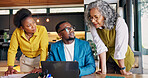 Real estate, discussion and team with laptop, home valuation and listing review in market analysis. People, meeting and realtors with tech, investment evaluation or feedback on property advertisement