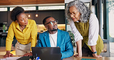 Buy stock photo Real estate, discussion and team with laptop, home valuation and listing review in market analysis. People, meeting and realtors with tech, investment evaluation or feedback on property advertisement