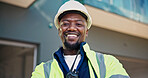 Portrait, man and engineer at construction site with smile, infrastructure and property development. Happy, supervisor or black person outdoor with engineering experience, PPE and renovation project.