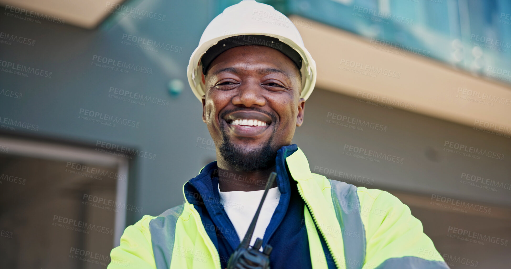 Buy stock photo Portrait, man and engineer at construction site with smile, infrastructure and property development. Happy, supervisor or black person outdoor with engineering experience, PPE and renovation project.