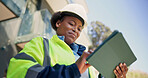 Engineer, scroll and happy woman with tablet, outdoor or plan for renovation with digital blueprint. Civil engineering, low angle and black person with tech, architecture and property development