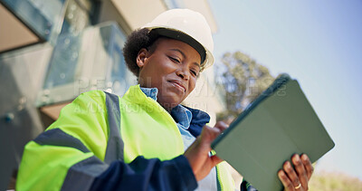 Buy stock photo Engineer, scroll and happy woman with tablet, outdoor or plan for renovation with digital blueprint. Civil engineering, low angle and black person with tech, architecture and property development