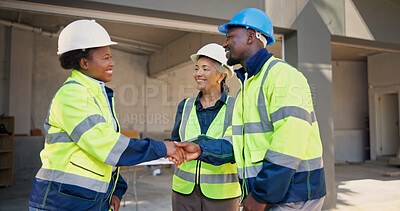 Buy stock photo People, smile and handshake at construction site for meeting, development team and introduction. Women, man or shaking hands at worksite for group welcome, engineer collaboration or building feedback