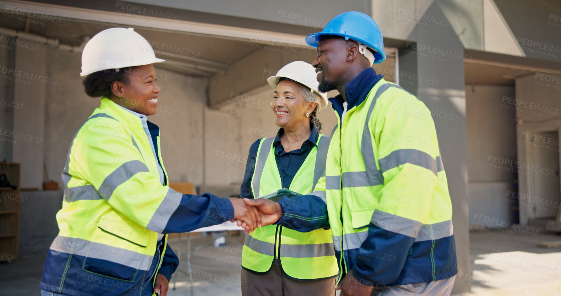 Buy stock photo People, smile and handshake at construction site for meeting, development team and introduction. Women, man or shaking hands at worksite for group welcome, engineer collaboration or building feedback