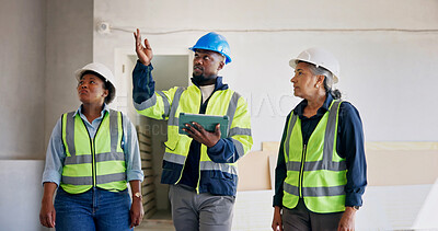 Buy stock photo Engineer, team and talk at building site with tablet, inspection or technician with electrical plan. Supervisor, people and construction with tech, engineering discussion and electrician check design