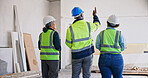 Engineer, walk and team meeting at construction site with inspection, technician or electrical plan. Back, supervisor and people check infrastructure with electrician, building project or engineering