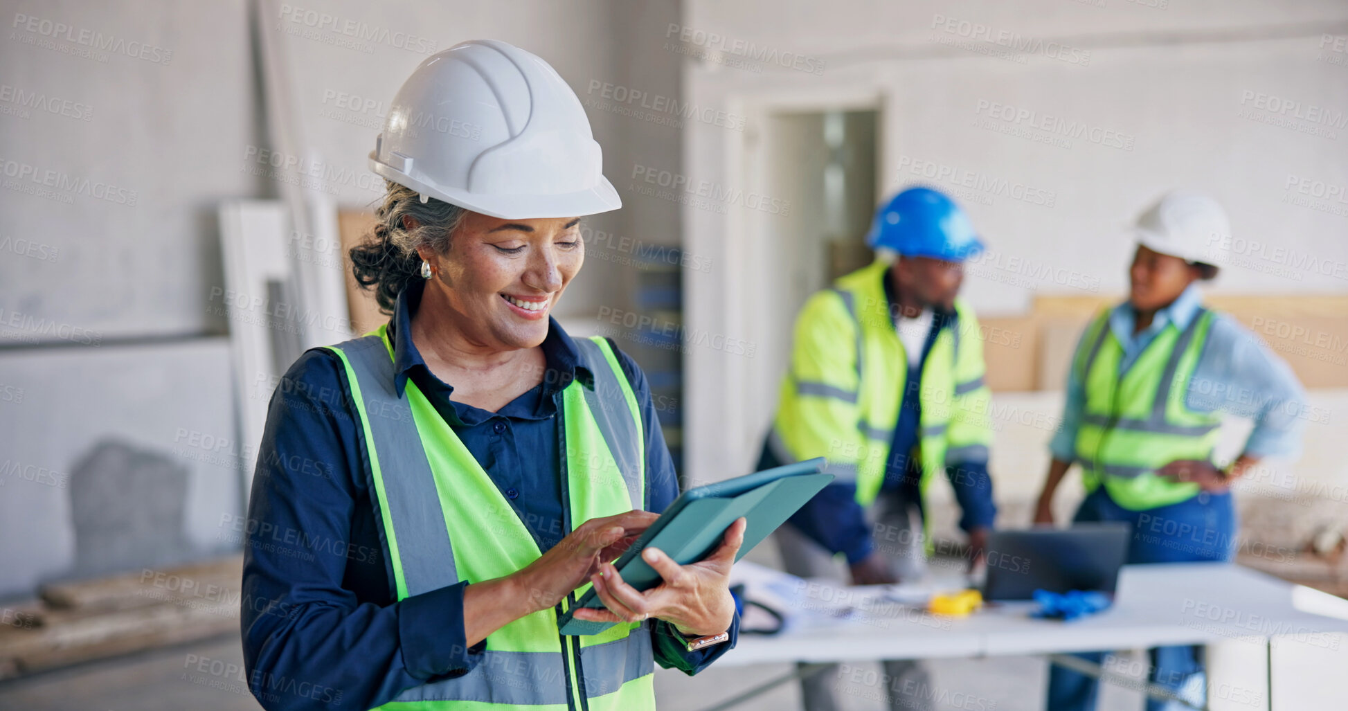 Buy stock photo Construction, smile and woman on site with tablet, project agenda and progress track for renovation. Happy, ppe and mature supervisor with tech, operation schedule and inspection report in remodeling