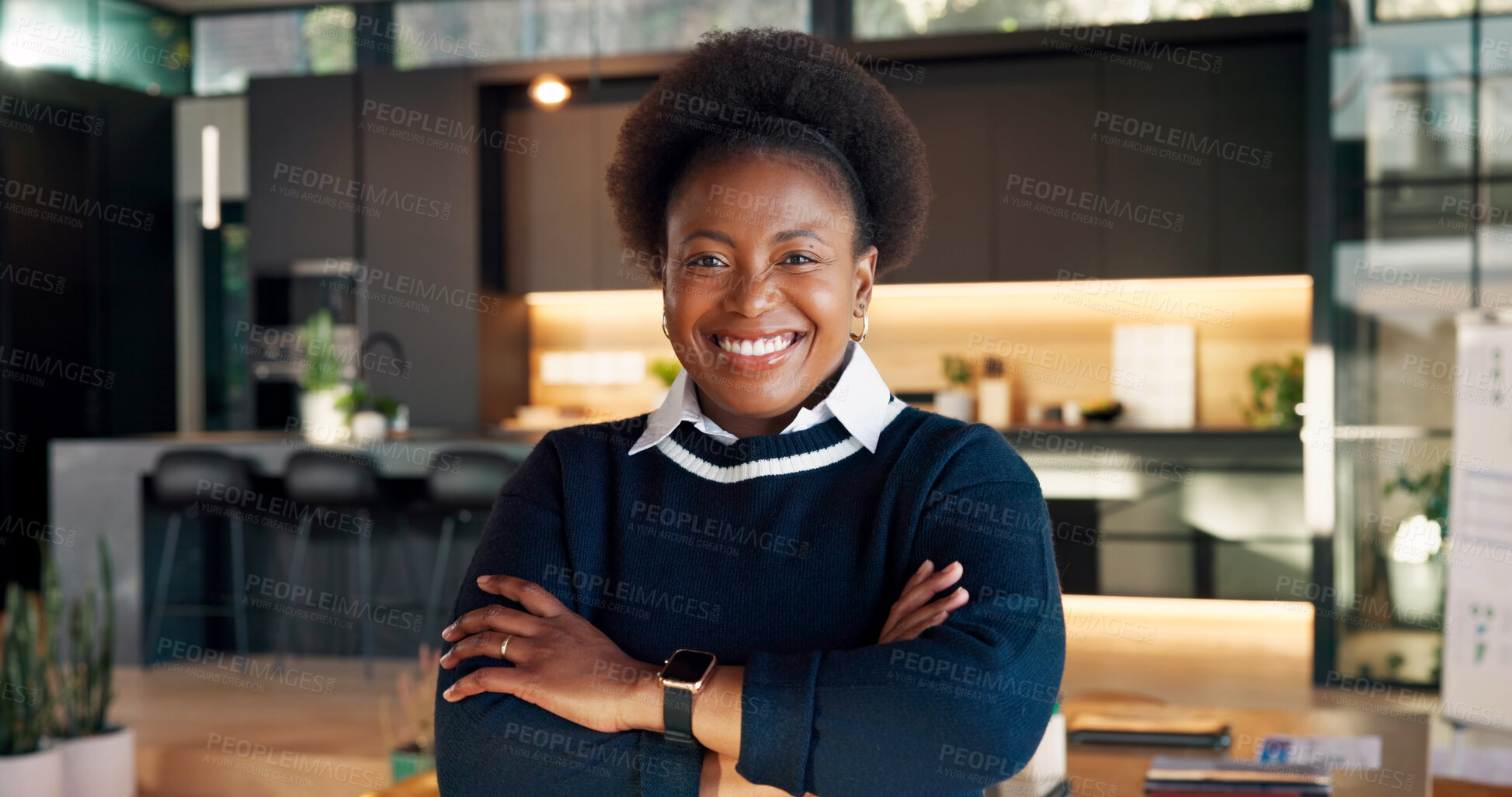 Buy stock photo Interior design, smile or woman in house with arms crossed, spatial planner or about us as architect. Happy, ambition or commercial advisor with confidence, decor service or pride in home improvement