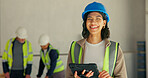 Woman, tablet or engineer at site for portrait, project management or digital app for renovation. Electrician, tech and smile at worksite for building, development and electrical compliance checklist
