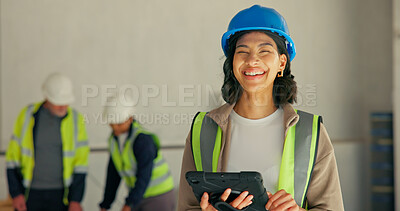 Buy stock photo Woman, tablet or engineer at site for portrait, project management or digital app for renovation. Electrician, tech and smile at worksite for building, development and electrical compliance checklist