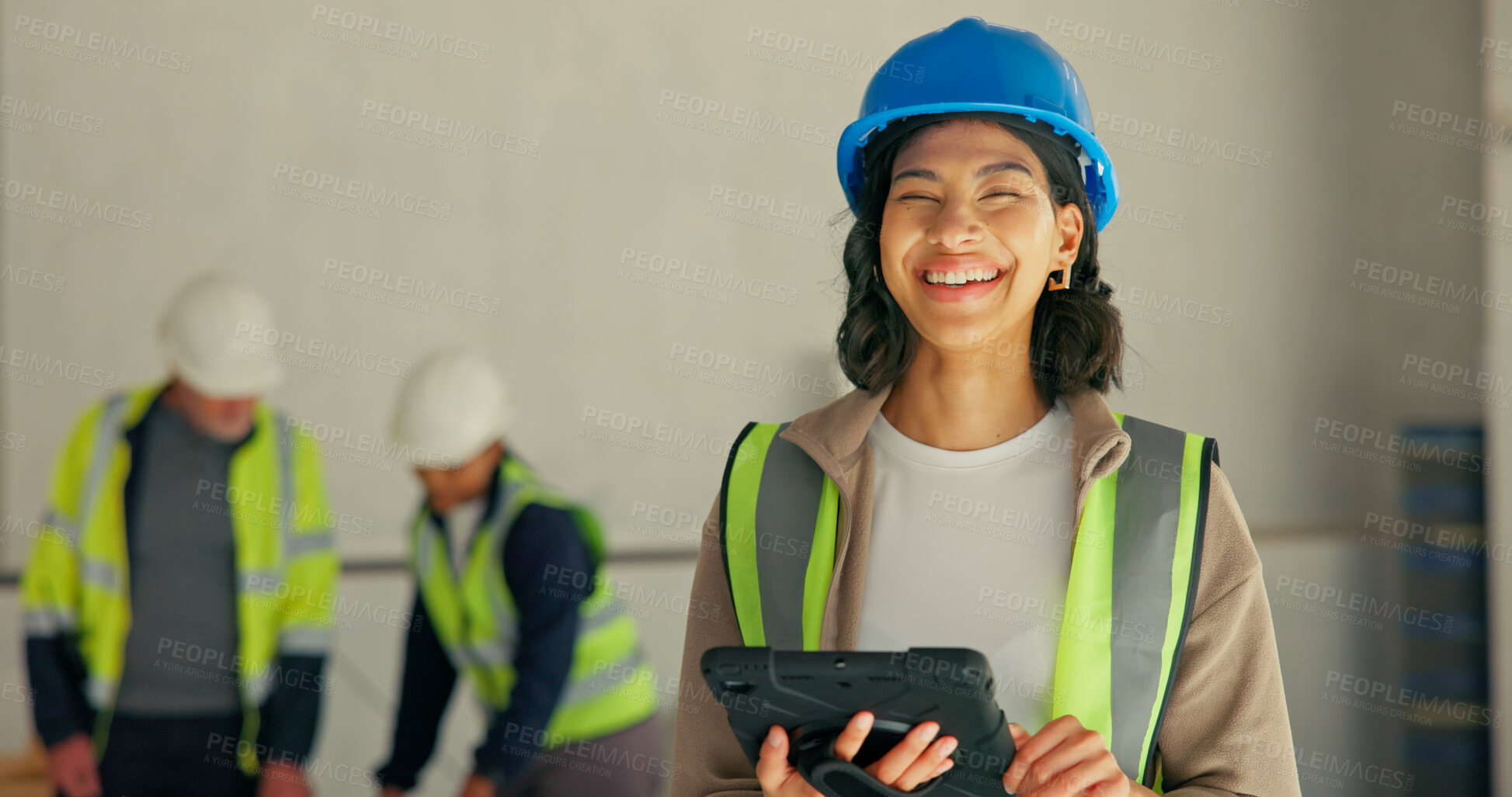 Buy stock photo Woman, tablet or engineer at site for portrait, project management or digital app for renovation. Electrician, tech and smile at worksite for building, development and electrical compliance checklist