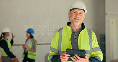 Buy stock photo Man, portrait or engineer at worksite with tablet, project management or digital plan for renovation. Mature supervisor, tech or smile at site for building development, remodeling update or about us