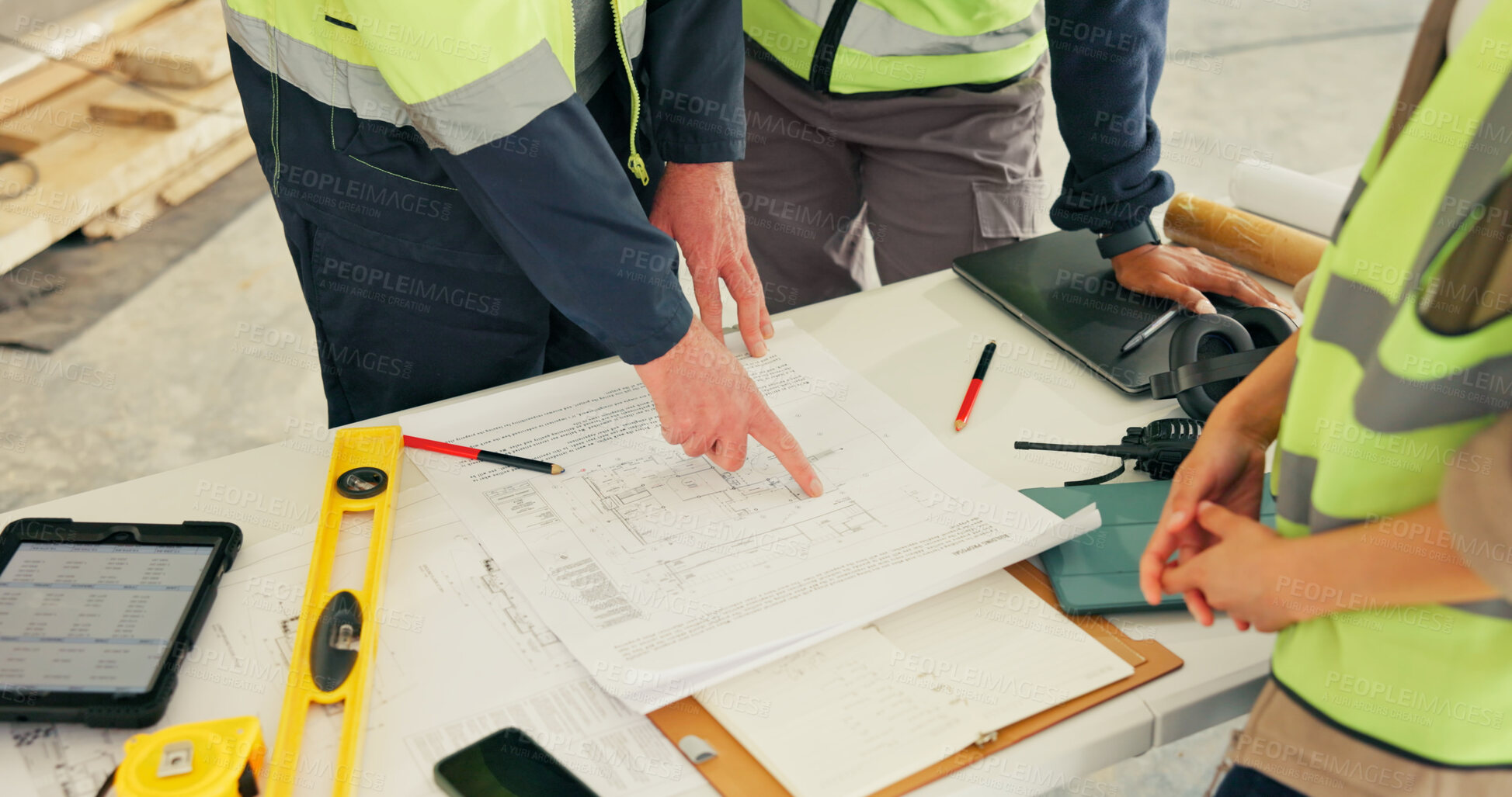 Buy stock photo Architect, people and hands with document for construction, building design or strategy together. Group, contractor or civil engineer team pointing with floor layout for architecture development