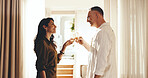 Happy, couple and cheers in hotel room with champagne, anniversary celebration and romantic getaway. Mature people, smile and toast in holiday accommodation with drink, relationship milestone or love
