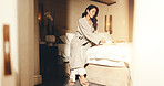 Woman, relax and coffee in hotel with breakfast, travel vacation and peaceful morning for wellness. Mature person, meal and holiday in accommodation with tea, room service food and comfortable bed.