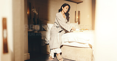 Buy stock photo Woman, relax and coffee in hotel with breakfast, travel vacation and peaceful morning for wellness. Mature person, meal and holiday in accommodation with tea, room service food and comfortable bed.