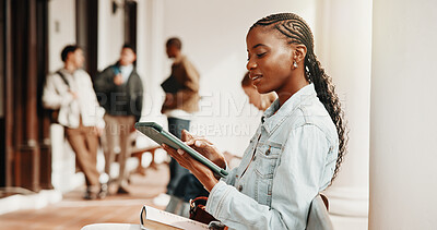 Buy stock photo University, happy and woman on tablet at campus for class schedule, assignment or research for essay. Student, college and person on digital tech for assessment, learning and studying for education