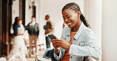 Buy stock photo Happy, college student and phone on campus for education, check class schedule or online results. Smile, woman and mobile app on study break for university portal, search library hours and test mark