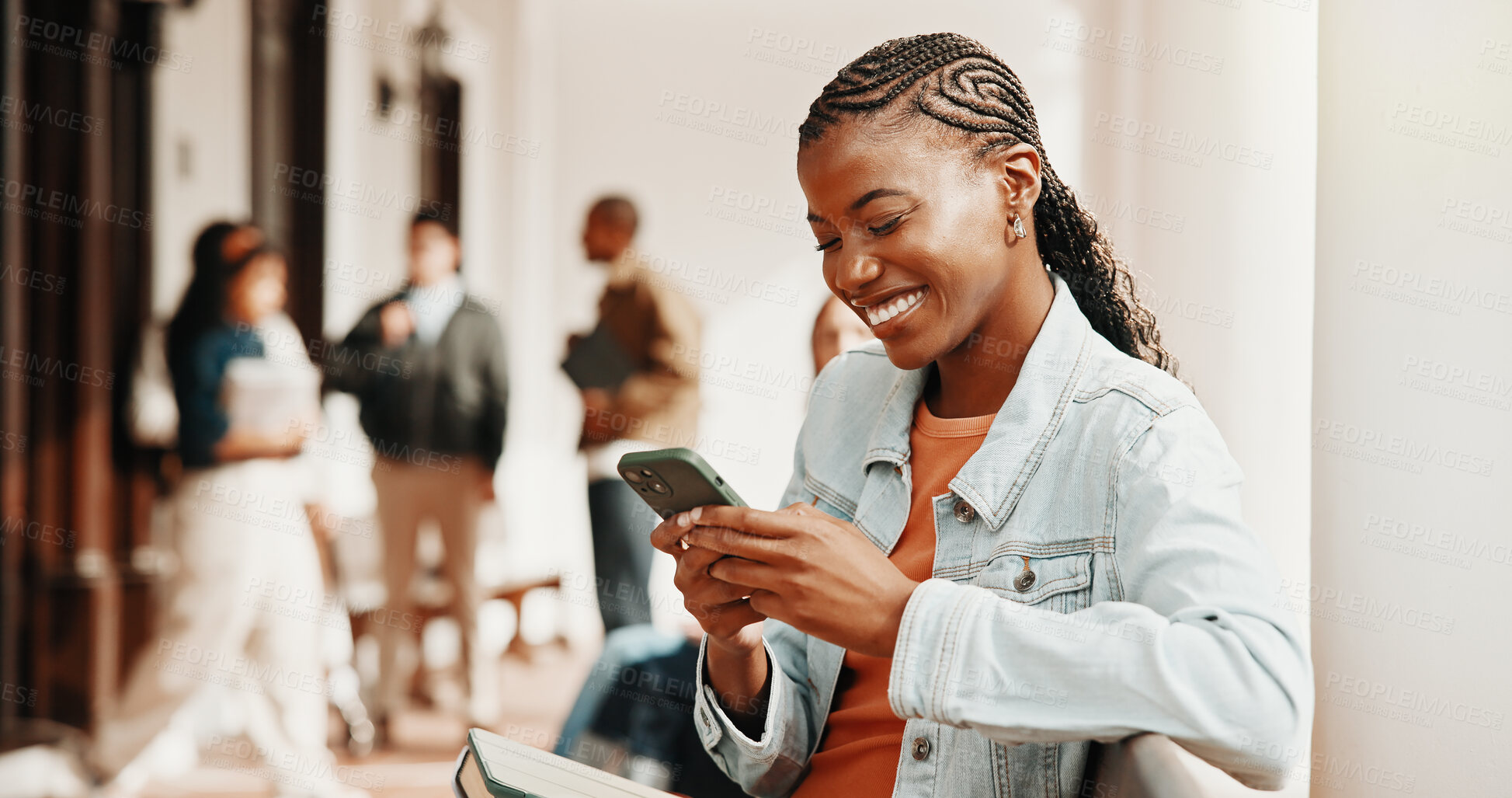 Buy stock photo Happy, college student and phone on campus for education, check class schedule or online results. Smile, woman and mobile app on study break for university portal, search library hours and test mark