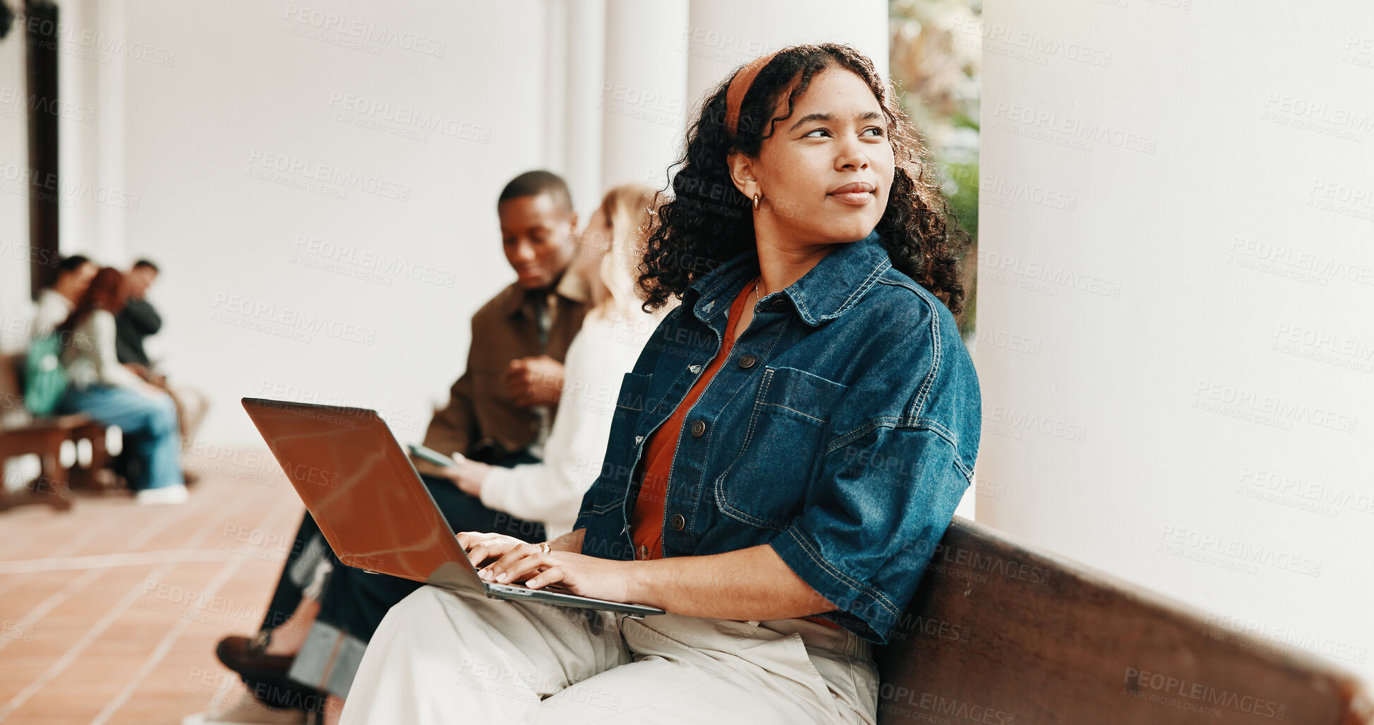 Buy stock photo University, thinking and woman with laptop at campus for class schedule, assignment and essay idea. Student, reflection and person on computer for research, learning or planning for college education
