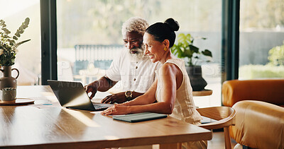 Buy stock photo Finance, couple and happy with laptop in home for insurance payout, loyalty reward and support. Budget, mature interracial people or smile with tech for positive credit score, 401k savings and wealth