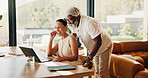 Finance, happy or interracial couple in house with laptop, savings check and forecast in budget plan. Smile, digital and mature people with tech, wealth management and review of online investment.