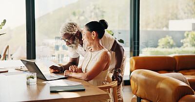 Buy stock photo Finance, smile and interracial couple in home with laptop, savings check and forecast in budget plan. Happy, bills or mature people with technology, wealth management or review of online investment.