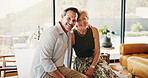 Love, portrait or couple in home with hug, partner comfort or bonding together with connection. Tender, smile or mature people in lounge with embrace, happy moment or romantic relationship in house.