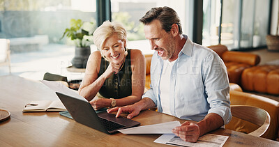 Buy stock photo Happy, finance and mature couple on laptop for mortgage, online banking and tax return in home. Talking, marriage and man with woman with computer, financial report and paperwork for savings growth