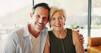 Buy stock photo Pride, portrait or couple in home with hug, partner comfort or bonding together with weekend break. Tender, smile or mature people with embrace, happy moment or connection in romantic relationship.
