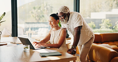 Buy stock photo Happy, finance and mature couple on laptop for mortgage, online banking and bills in home. Talking, interracial relationship and man with woman with computer, financial report and budget for savings