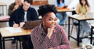 Buy stock photo University, smile or woman in class with portrait, knowledge or scholarship in academic development. College, happy or student at campus with confidence, higher education or goal in study opportunity
