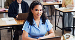 College student, laptop and happy woman in class for learning, knowledge or research with portrait. Computer, smile and person study in university, course revision and development for education