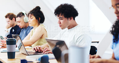 Buy stock photo Typing, laptop and man in class for learning, thesis review or student with college knowledge. Tech, reading and person study with university portal for academic task, course research or education